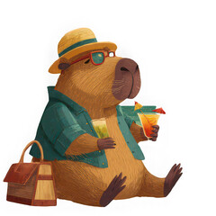 Capybara sunglasses straw hat shirt cocktail picnic basket summer animal art relaxed vacation cheerful illustration. capybara wearing sunglasses and straw hat dressed shirt holding cocktails