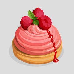 Vector illustration of a raspberry dessert with pink cream, fresh raspberries, and mint on a biscuit base.