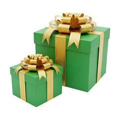 Green Gift Boxes with Golden Ribbons and Bows for Holiday Presents Isolated on White or Transparent Background
