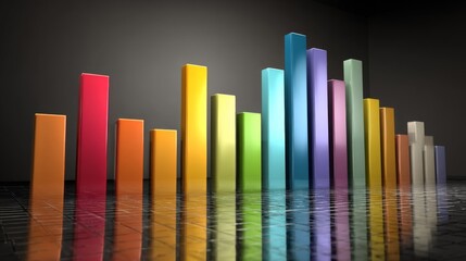 Colorful three-dimensional bar graph reflecting growth and analysis in a virtual data environment with modern design elements and lighting effects