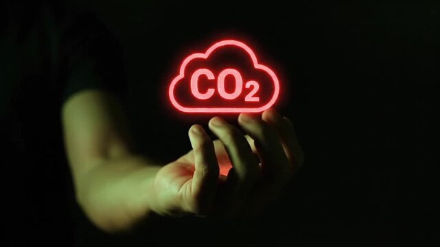 Hand crushing a holographic CO2 icon, turning it from red to green.