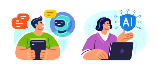 Woman working on laptop with AI. Online support, digital assistance, communication customer service. Workspace business