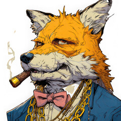Anthropomorphic fox wearing suit gold chain pink bow tie smoking cigar confident expression digital art animal character urban style detailed illustration modern vibrant