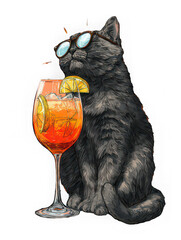 Black cat wearing sunglasses sits beside cocktail glass filled with orange drink, ice, and lemon slices, creating playful and artistic scene with relaxed mood