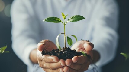 Human Hands Holding Young Plant With Soil, Representing Growth - Powered by Adobe
