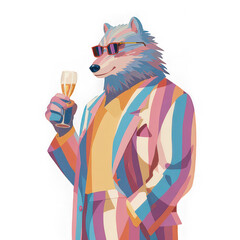 Colorful wolf in striped suit holding champagne glass, wearing sunglasses, exudes confidence and celebration in modern pop art style illustration