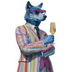 Colorful wolf art anthropomorphic animal wearing striped suit sunglasses holding champagne glass confident pose modern illustration vibrant stylish whimsical joyful