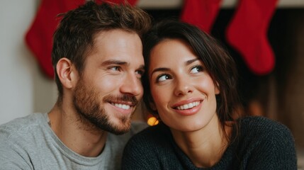 Fototapeta premium Close-up portrait of a young couple sitting close together and looking up at the sky. they are both smiling and appear to be happy and relaxed.