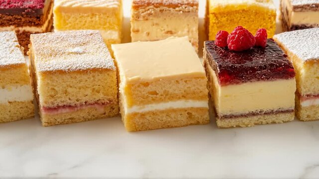 Displaying Various Cake Squares With Creamy Toppings on Countertop