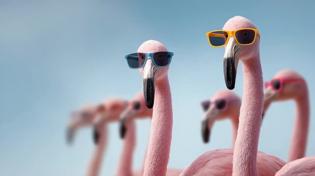 Group of stylish pink flamingos wearing fashionable colorful sunglasses and posing together, representing a fun and quirky concept for a summer vacation or a humorous beach party vibe
