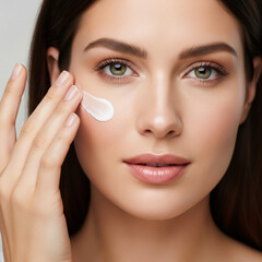 portrait shot of old beautiful woman with brown hair and green eyes applying white face cream to her skin