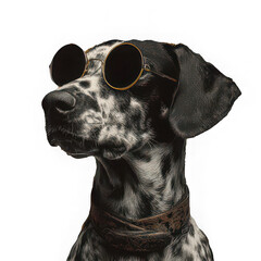 Spotted dog wearing round sunglasses and leather collar, stylish and confident, animal art illustration with vintage touch, cool and fashionable pet portrait