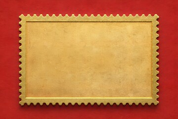Blank golden postage stamp with serrated edges on red background