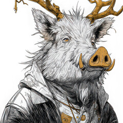 Boar with antlers, wearing detailed cloak, illustrated in fantasy art style, exudes regal and mystical aura, blending animal and mythical elements seamlessly