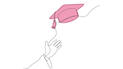 Graduates throw their graduation caps in their hands, creating a continuous one-line drawing festive graduation 