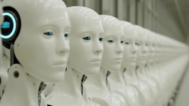 Row of White Robot Heads Looking Forward in Factory Setting