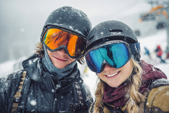 A family at a ski resort in winter. A man and woman wears snowboarding helmets and goggles, standing against a backdrop of mountains. The couple spends time together during their Christmas vacation
