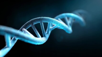 Scientific digital animation showing a blue dna double helix structure slowly rotating against a dark background, representing genetics, biotechnology, and molecular research concepts - Powered by Adobe