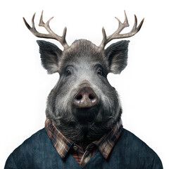 Boar with antlers wearing plaid shirt and sweater, animal art portrait, surreal and whimsical, anthropomorphic animal, creative illustration, fantasy character