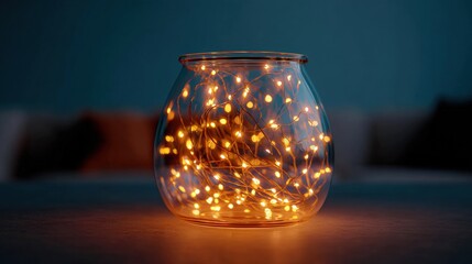 Close-up of a glass jar with small white lights inside. the jar is sitting on a wooden surface with a blurred background.