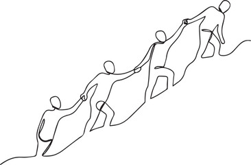 One continuous line drawing of teamwork, with people helping each other climb a slope.