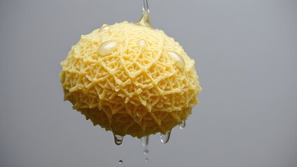 fishfinder. A heavy natural sea sponge saturated with water, drooping under its weight on a neutral background. wildlife magazines.