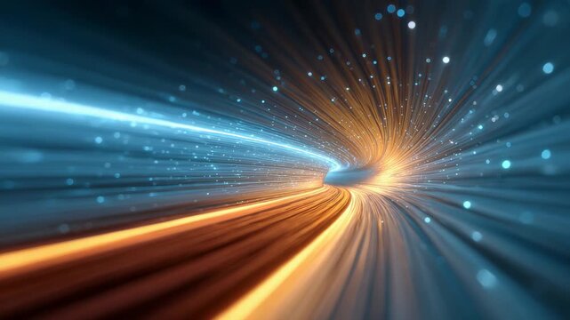 Abstract flight through a futuristic wormhole tunnel composed of blue and orange glowing light streams representing the high speed transfer of information through fiber optic cables