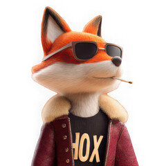 Cool fox wearing sunglasses, red jacket, and fur collar, with cigarette in mouth, exuding confidence and attitude, digital art style, anthropomorphic animal character