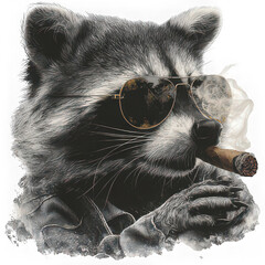 Raccoon wearing sunglasses and smoking cigar, dressed in jacket, exuding cool and confident attitude, digital art style, monochrome with smoke effect