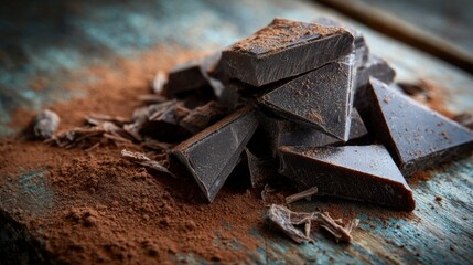 Close-Up of Dark Chocolate Chunks and Cocoa Powder on Rustic Wooden Surface for Baking and Cooking Enthusiasts and Food Lovers