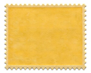 Blank yellow postage stamp with perforated edges on white background