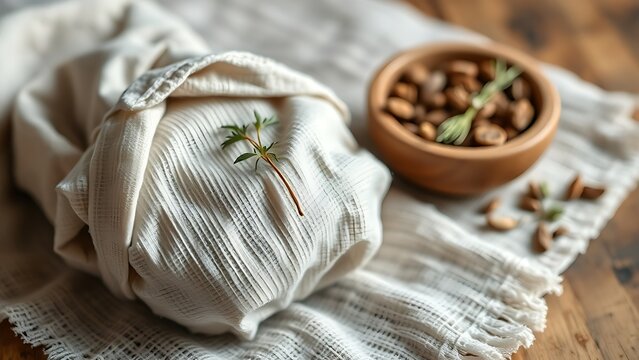 poultice. Herbal poultice wrapped in linen cloth beside a wooden bowl of dried herbs, natural remedy concept. menu design.