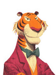 Confident tiger wearing suit, bow tie, and jacket, standing upright with arms crossed, exuding charismatic and proud expression, illustrated in colorful artistic style