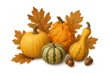 Collection of vibrant gourds, pumpkins, oak leaves, and acorns arranged in a fall harvest theme against a clear background