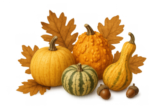 Collection of vibrant gourds, pumpkins, oak leaves, and acorns arranged in a fall harvest theme against a clear background