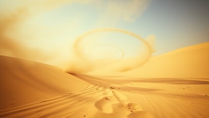 superego. Desert shooting range with spiral dust patterns in sandy tones and motion blur. event key visuals, club posters, designed for fitness apps and gym onboarding, used by sports marketers.