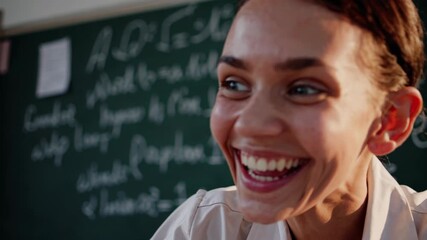 Montage showcases a cheerful female teacher, dressed in a lab coat, laughing heartily in a classroom setting, with a blackboard filled with equations and notes in the background - Powered by Adobe