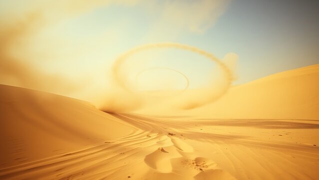 superego. Desert shooting range with spiral dust patterns in sandy tones and motion blur. event key visuals, club posters, designed for fitness apps and gym onboarding, used by sports marketers.