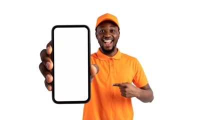 A delivery person showing a phone with a blank screen, possibly showcasing an app. He has an orange uniform and a friendly smile