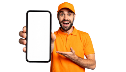 Happy delivery person showing a phone with an empty screen. The person seems excited and happy while holding a phone
