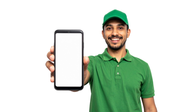 A cheerful man holding a blank smartphone screen, possibly for mobile apps, or advertising