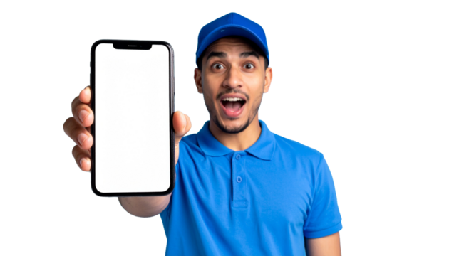 A delivery man is holding a phone and shows amazement expression