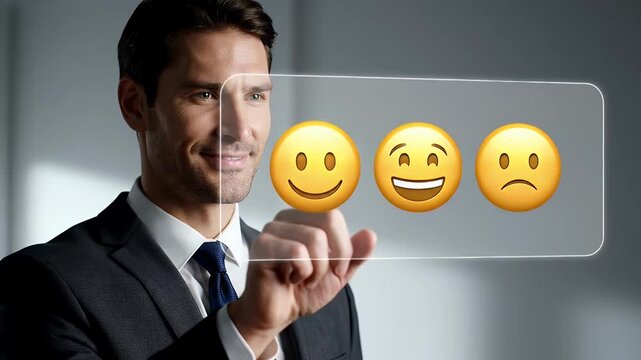 Man in Suit Touching Emoji Icons Displayed on a Transparent Touchscreen with a Business Office Background and Balanced Lighting