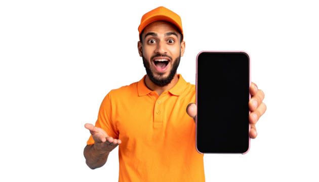 Cheerful man with a mobile phone with an empty screen. The person is dressed in an orange uniform, likely a delivery person
