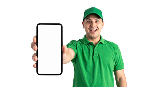 Smiling delivery person presenting a blank smartphone screen, possibly indicating an app or service. Dressed in a green uniform and hat.