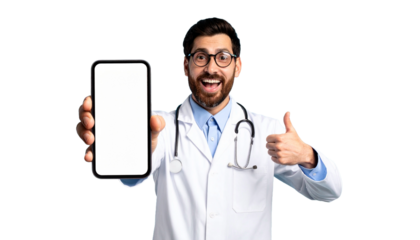 A doctor holding a blank smartphone screen and giving a thumbs up