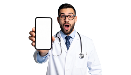 A male doctor holds up a phone, with a surprised expression on his face. He is wearing a lab coat and stethoscope