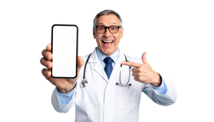 A doctor is smiling, holding a mobile phone with a blank screen, pointing at it, highlighting modern medicine