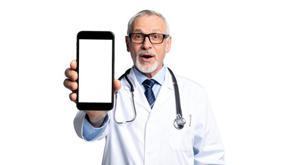 A doctor showing a smartphone with an open screen. The doctor is wearing a lab coat and stethoscope