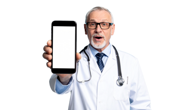 A doctor showing a smartphone with an open screen. The doctor is wearing a lab coat and stethoscope